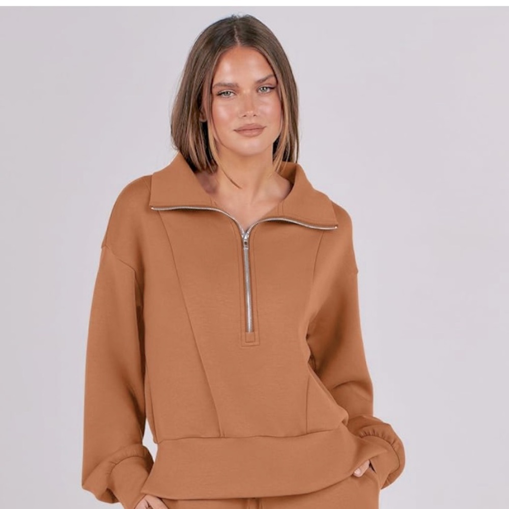 NWT Anrabess Camel Half Zip Fall/Winter Sweatshirt Lounge Top, Size Large